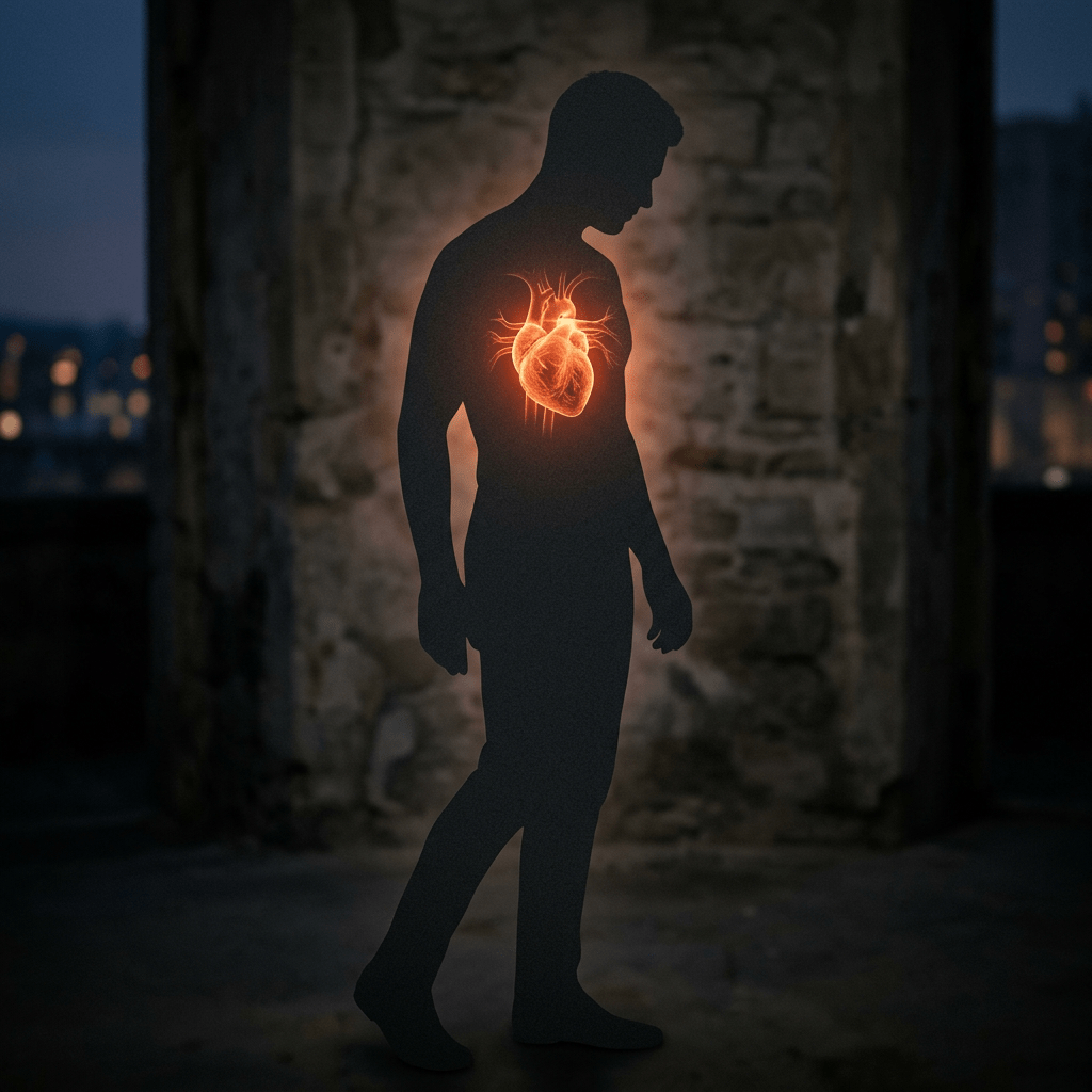 Silhouette of person with an illuminated anatomical heart in chest