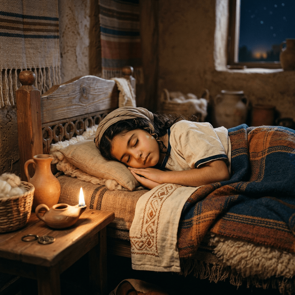 Young girl sleeping on a wooden bed covered with a patterned blanket and lit by candlelight
