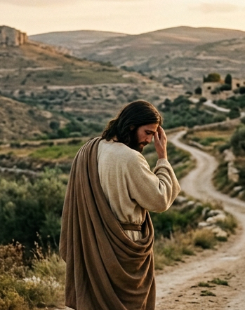 Robed traveler walking along a dirt path toward a Mediterranean village